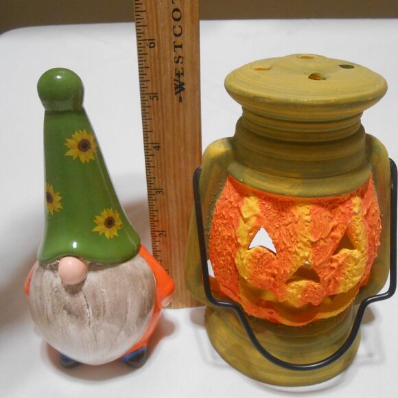 LOT HALLOWEEN DECOR PUMPKIN CANDLE HOLDER LANTERN & PORCELAIN GNOME 6 INCHES π - Picture 4 of 9